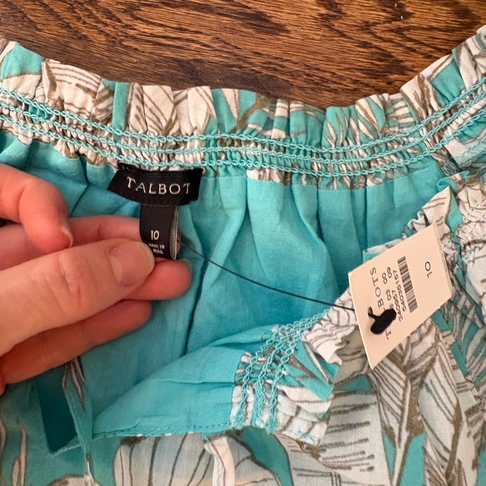 Talbots Teal and White Leaf Print Summer Dress size 10 NWT preppy 100% cotton - Picture 3 of 7